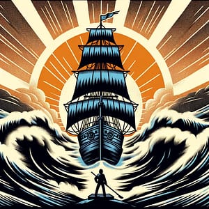 image depicts navigating global insecurities by showing a person with an oar and a ship that is wild waters. 